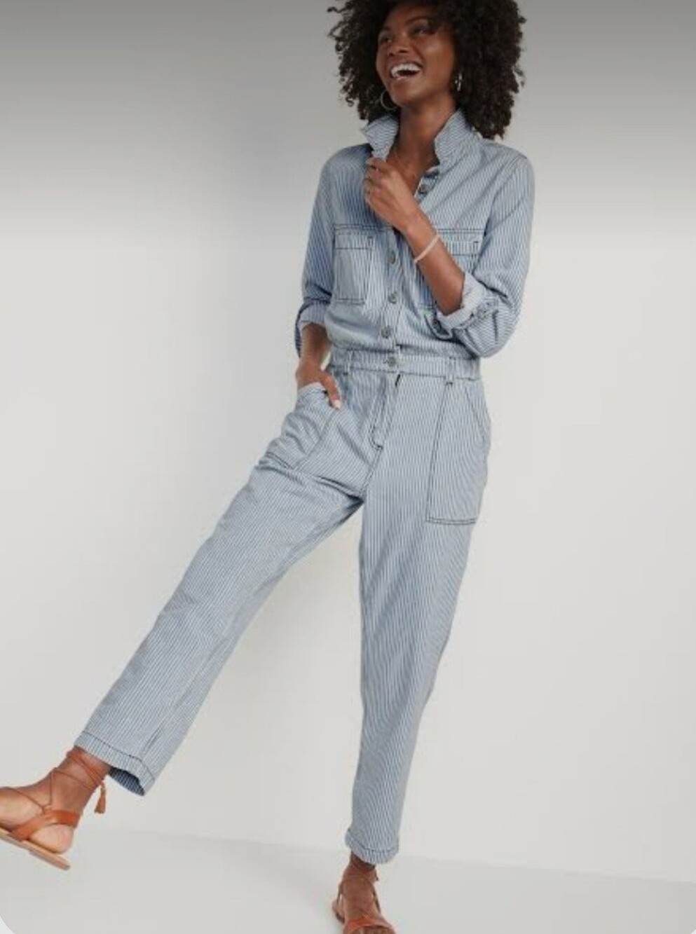 Old Navy Pin Striped Cotton Denim Utility LS Jumpsuit - XS
